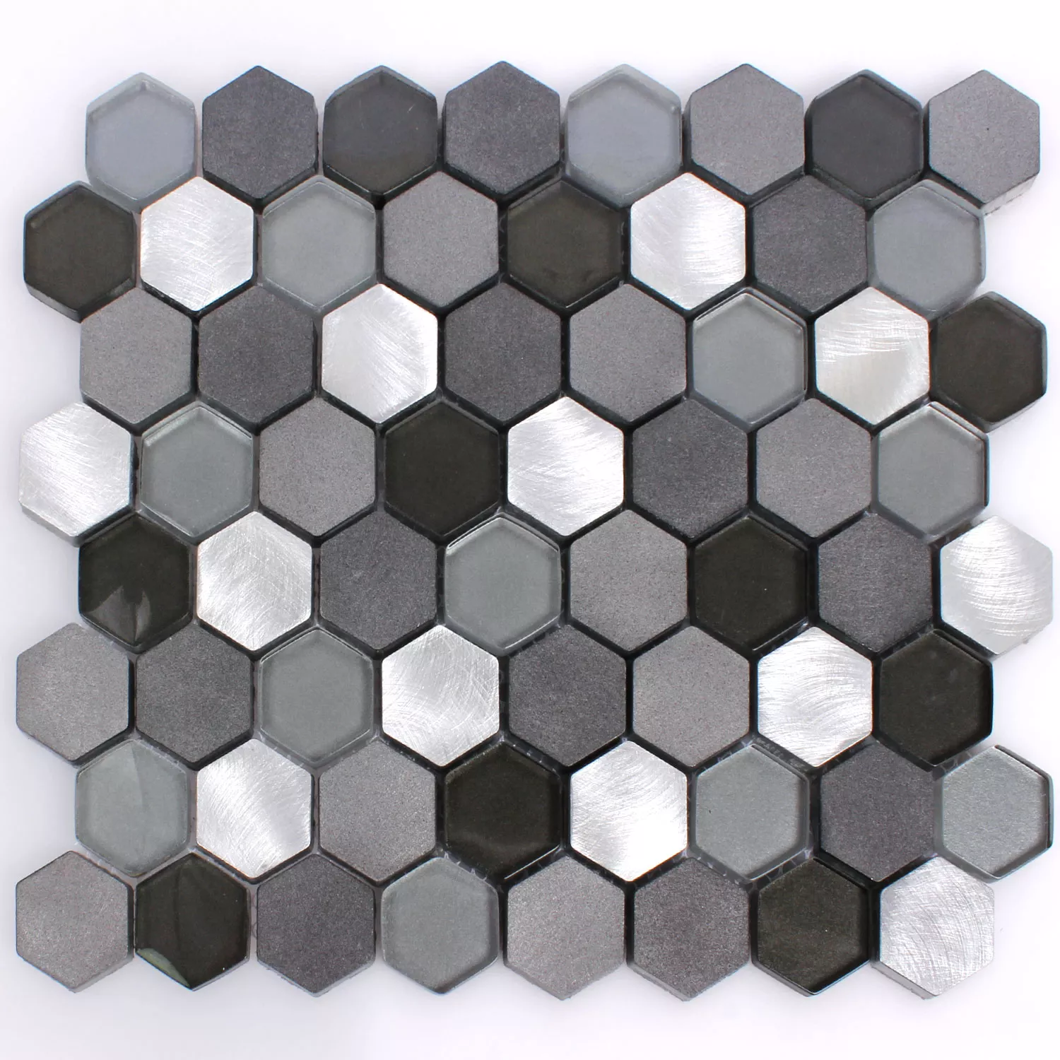 Muster von Mosaikfliesen Glas Alu Angela Hexagon Schwarz Silber