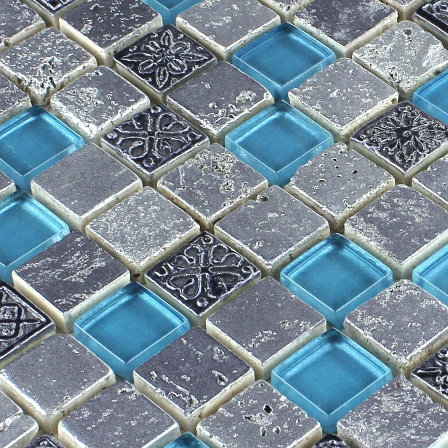 Mosaikfliesen Glas Resin Stein Mix Blau Silber