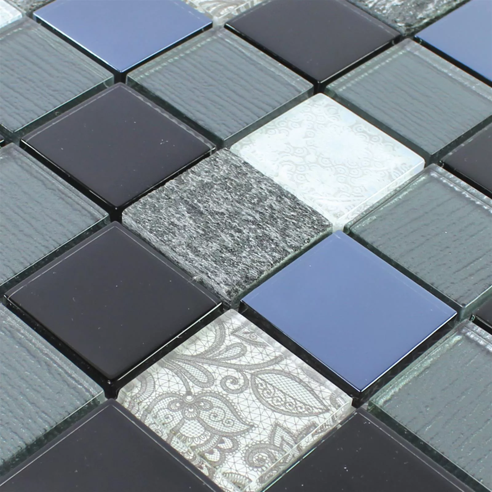 Mosaico vetro pietra Triopetra Nero Grigio Bianco