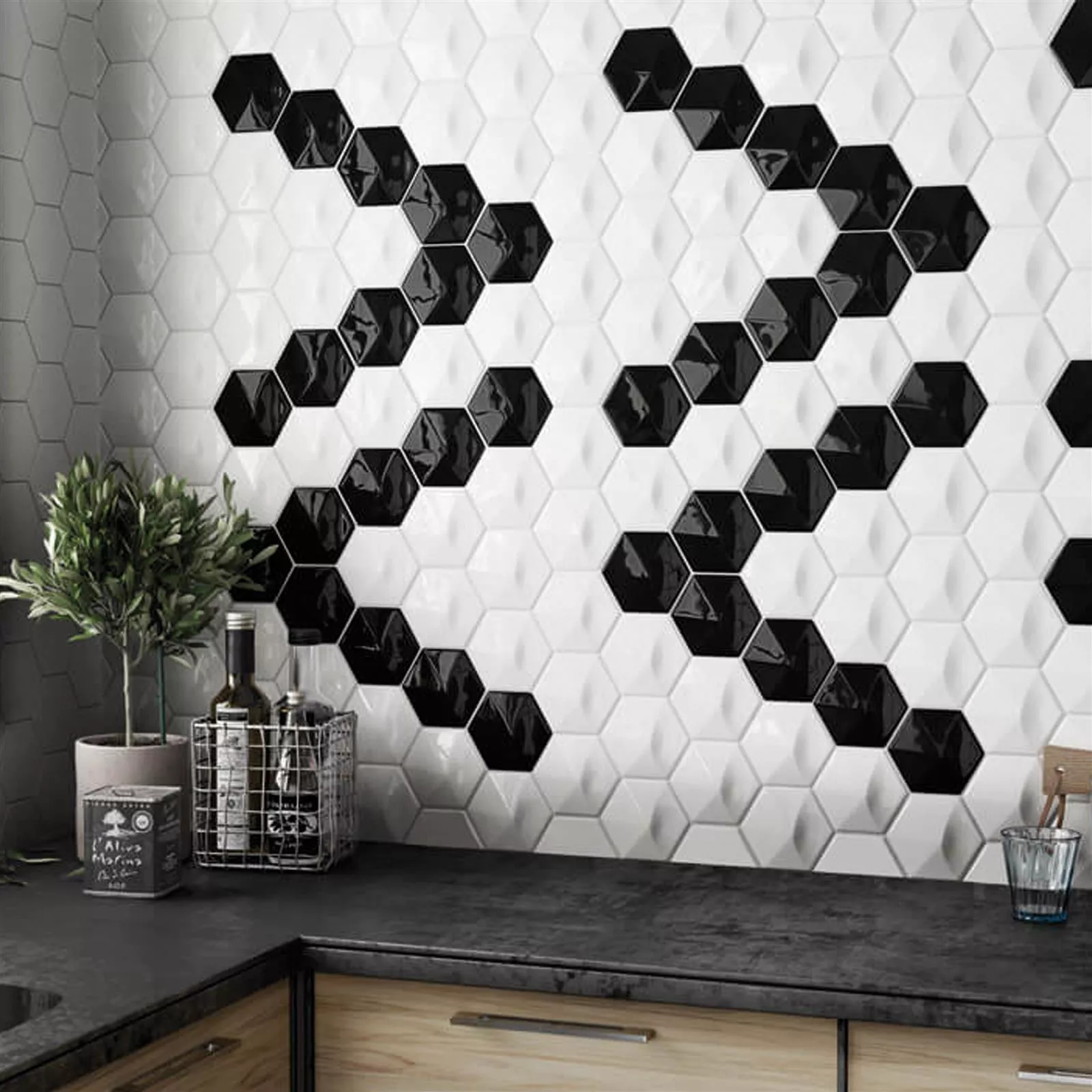 Muster Wandfliesen Rockford 3D Hexagon 12,4x10,7cm Schwarz