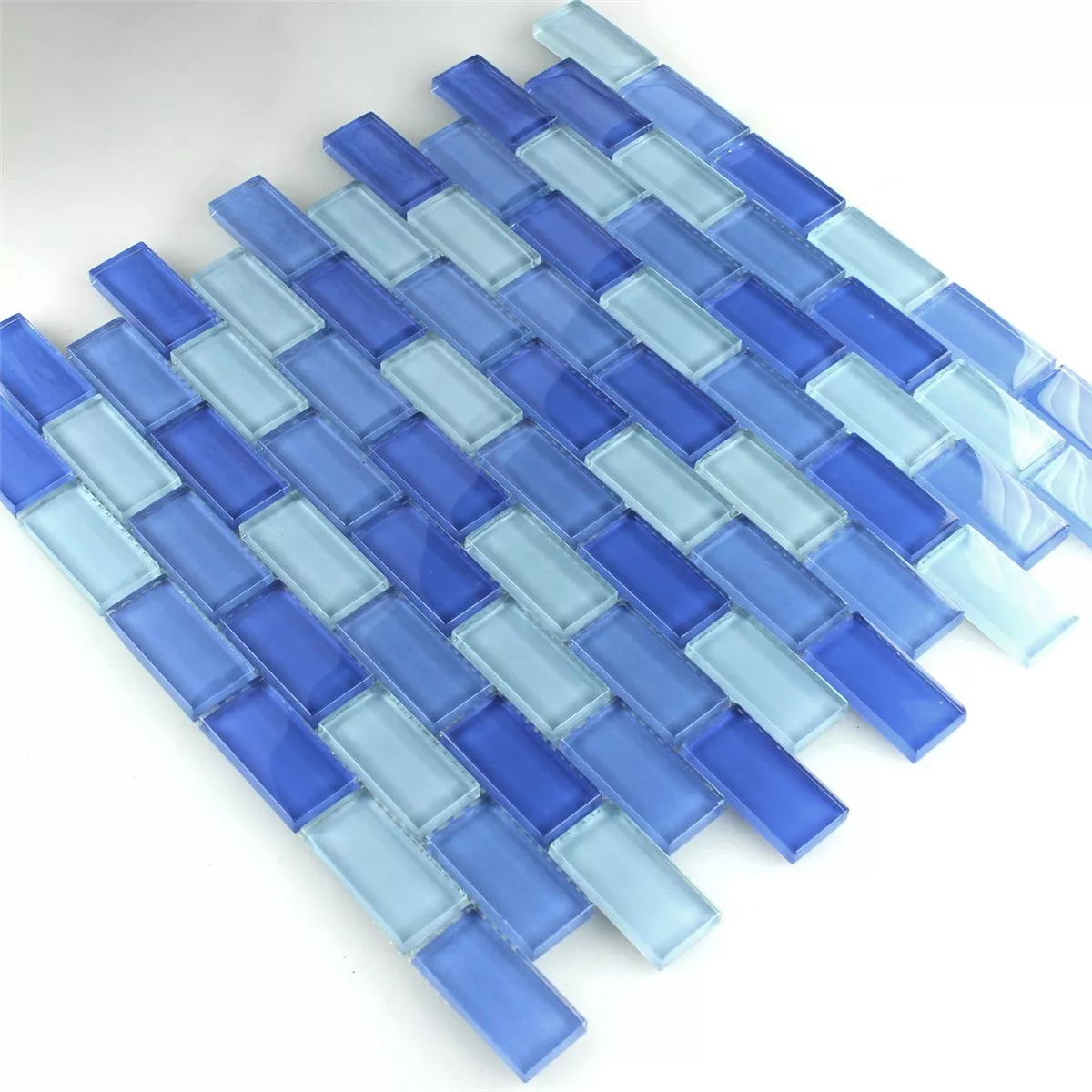 Mosaikfliesen Glas Brick Hellblau Mix 25x50x8mm