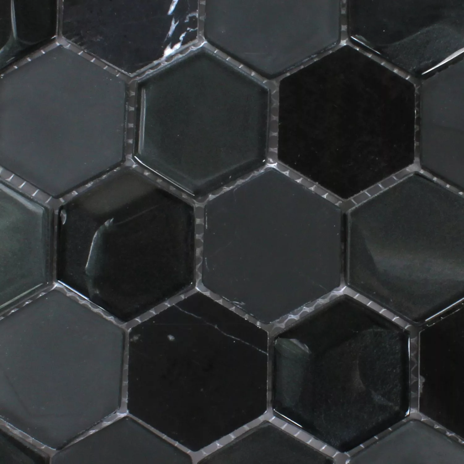 Mosaikfliesen Hexagon Glas Naturstein Schwarz 3D