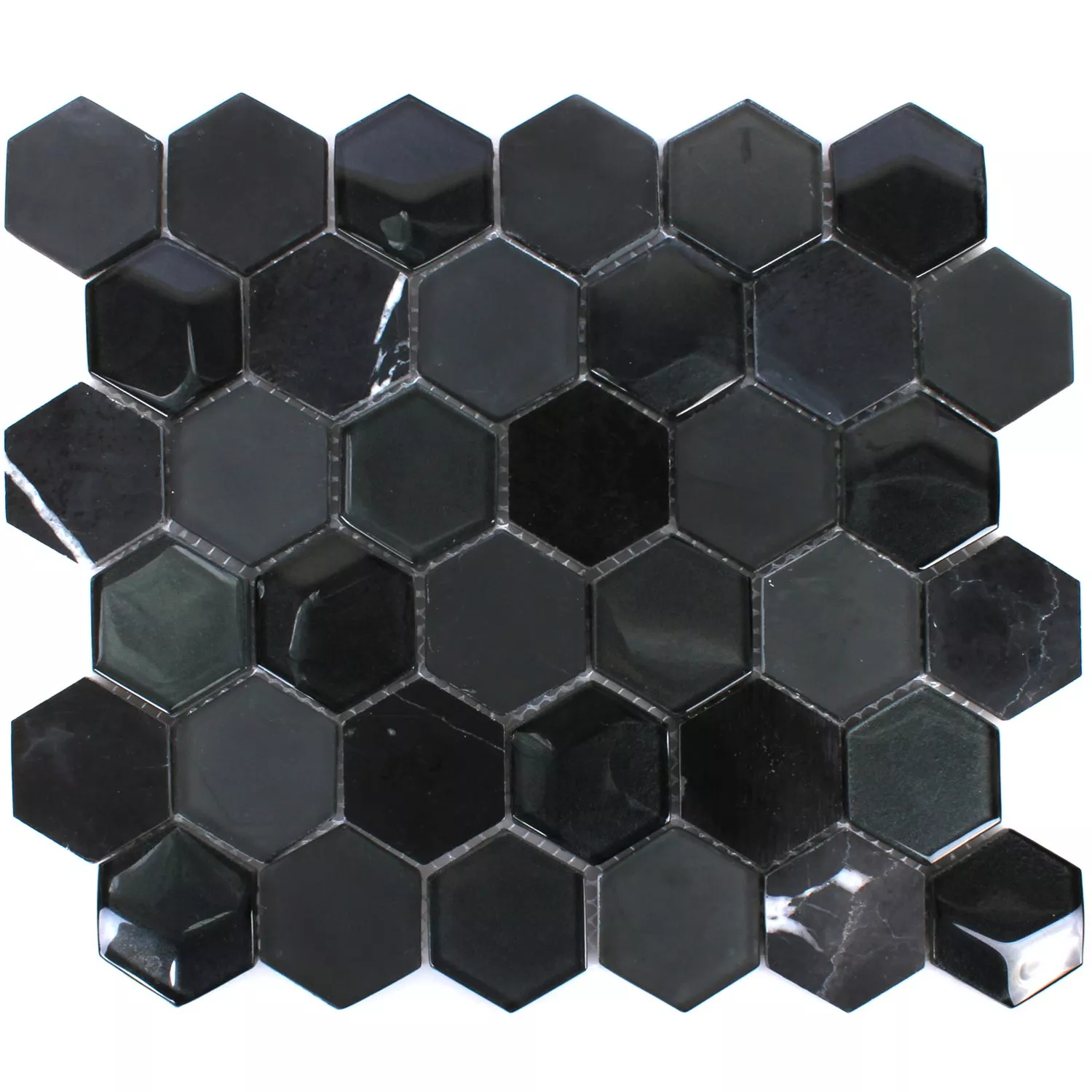 Mosaikfliesen Hexagon Glas Naturstein Schwarz 3D