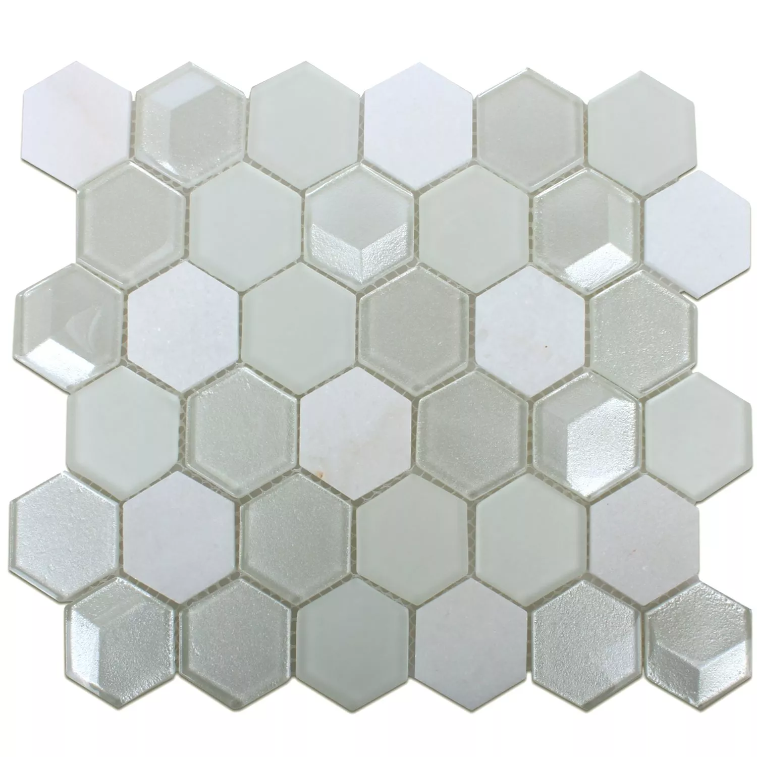 Mosaikfliesen Hexagon Glas Naturstein Iznik Weiss 3D