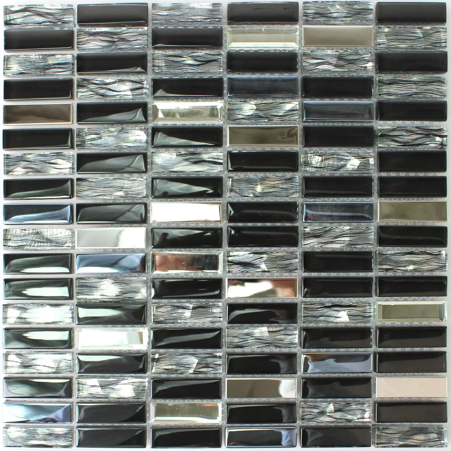 Muster von Mosaikfliesen Glas Edelstahl Malaya Schwarz Stäbchen