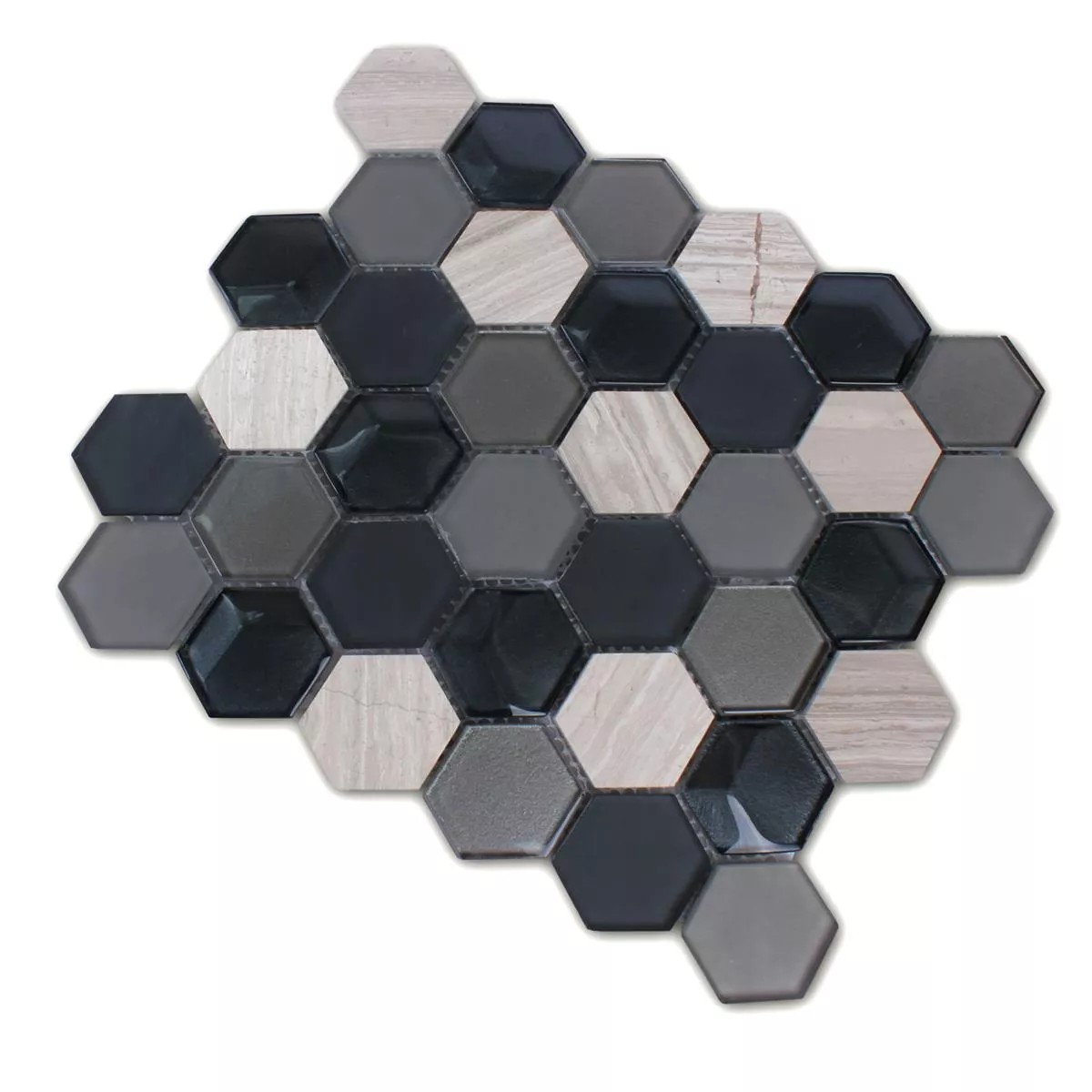 Mosaikfliesen Hexagon Glas Naturstein Iznik Schwarz Grau 3D