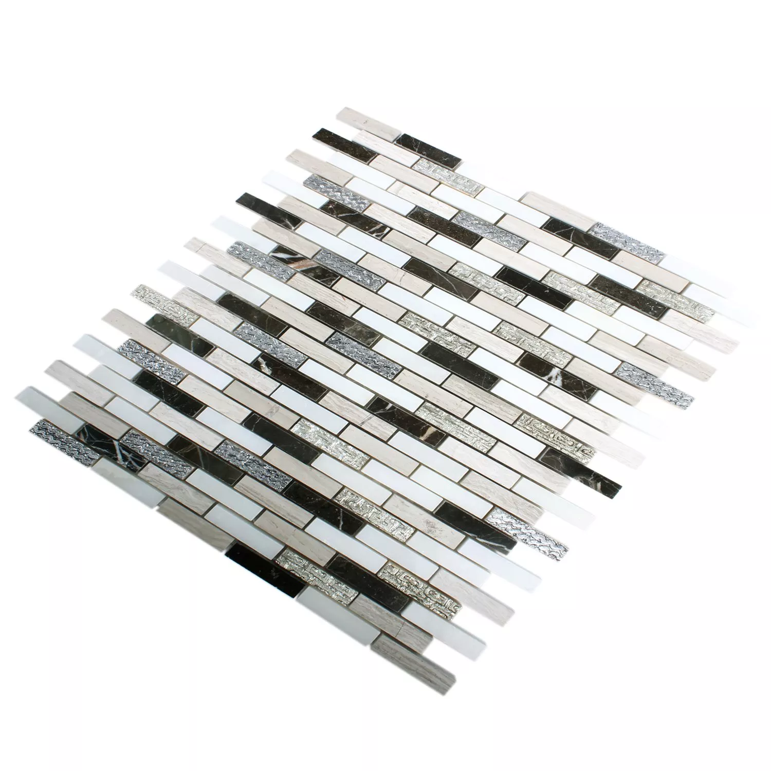 Muster von Mosaikfliesen Sicilia Silber Braun Weiss Grau Brick
