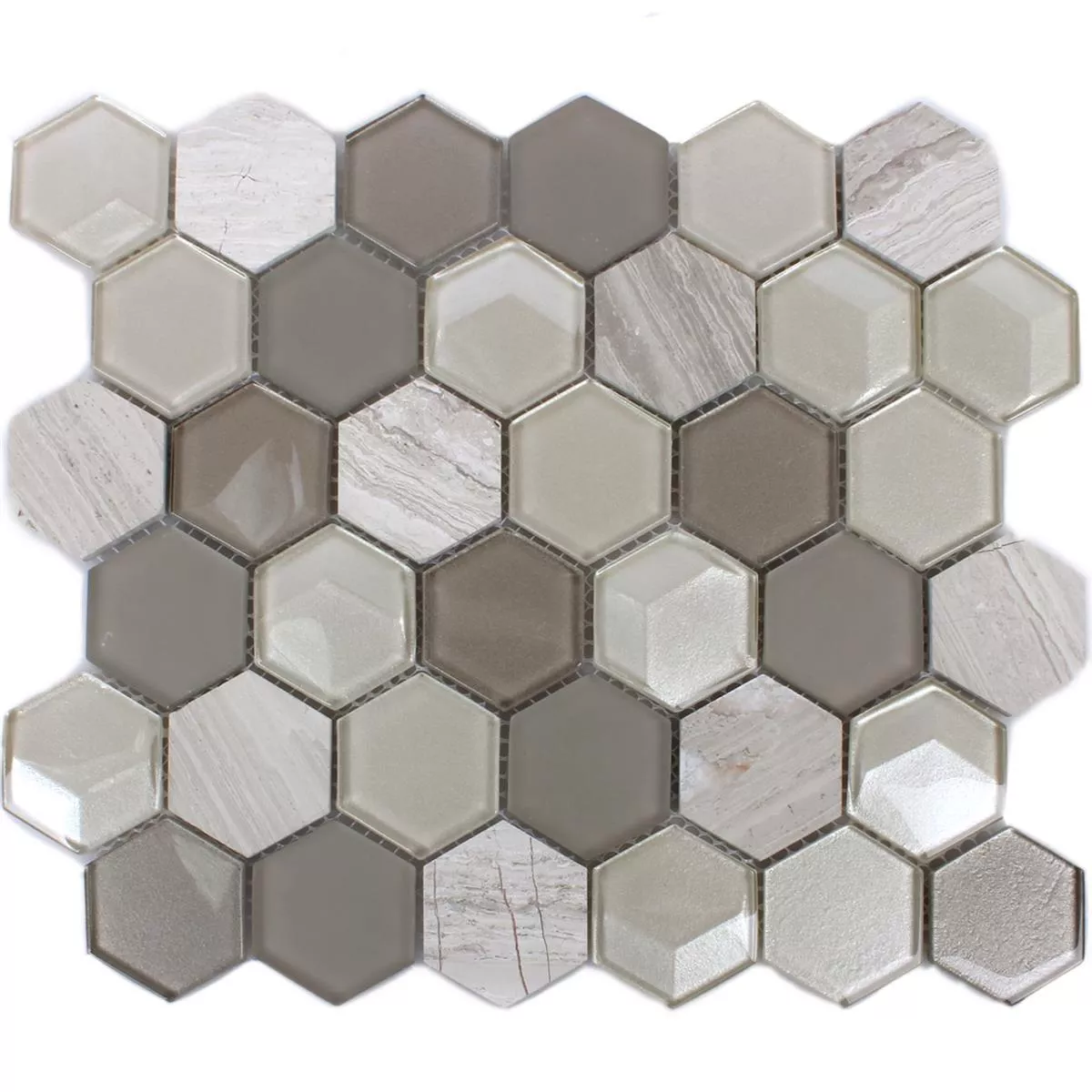 Mosaikfliesen Hexagon Glas Naturstein Iznik Hellgrau 3D