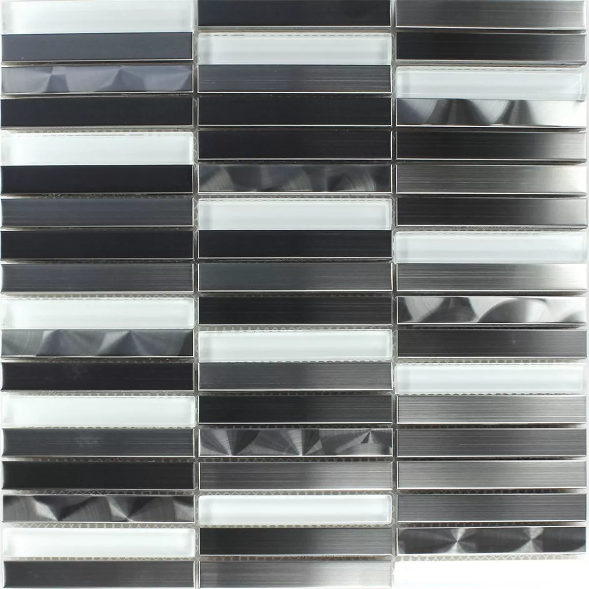 Muster von Mosaikfliesen Glas Edelstahl Weiss Silber Stäbchen