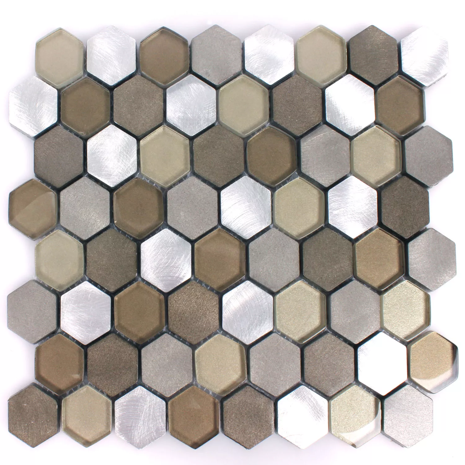 Muster von Mosaikfliesen Glas Alu Angela Hexagon Braun Silber