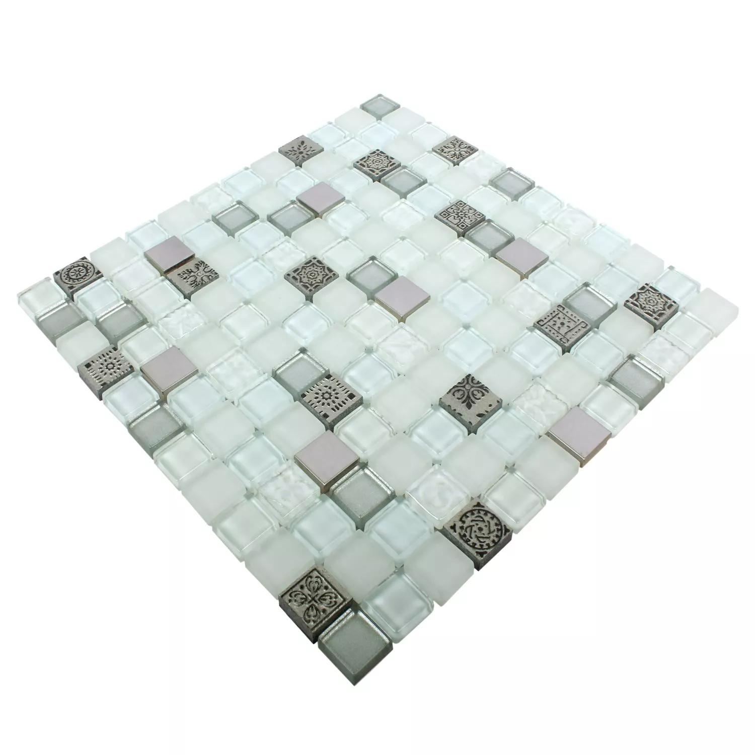 Campione Mosaico Vetro Resin Metallo Mix Gramos Bianco