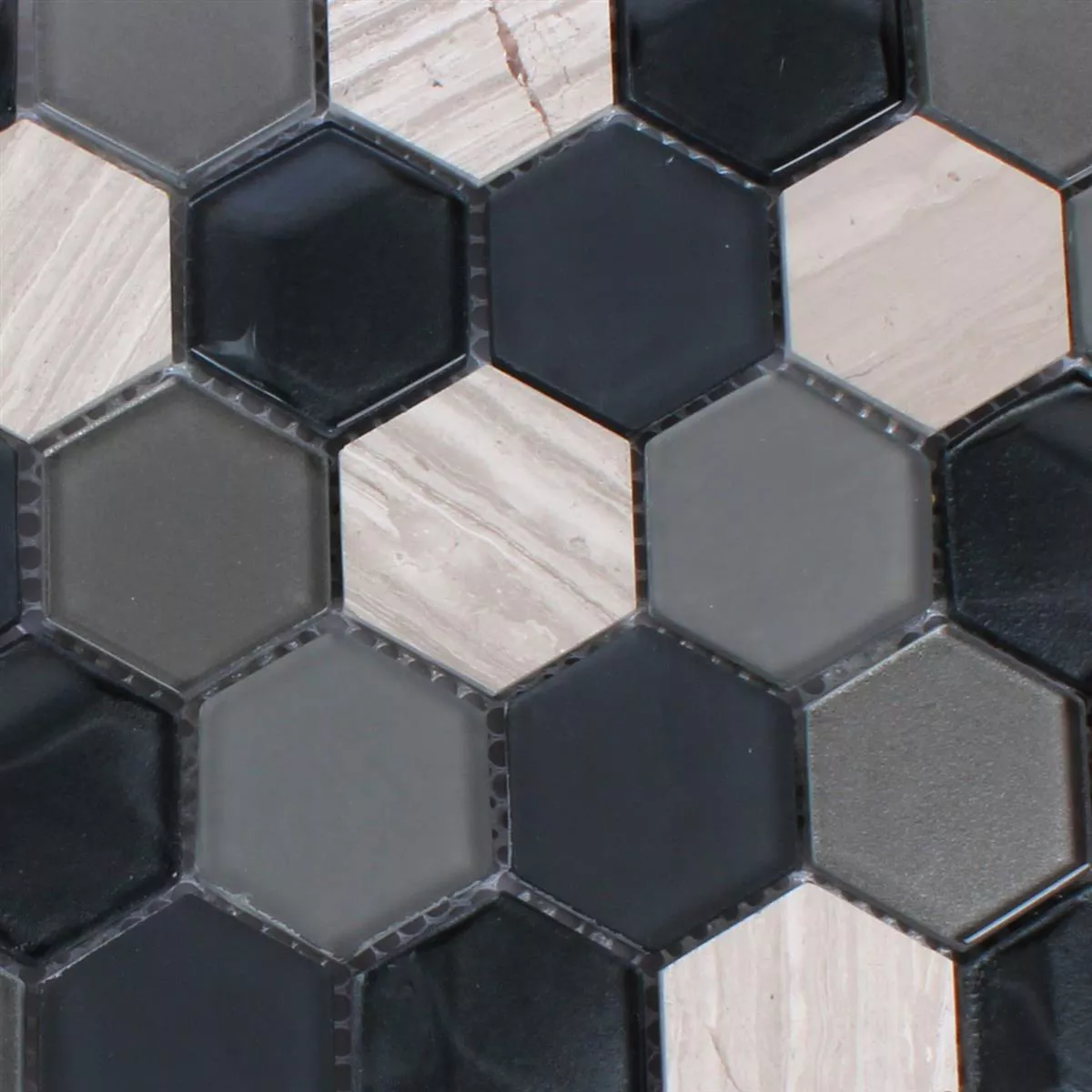Mosaikfliesen Hexagon Glas Naturstein Iznik Schwarz Grau 3D