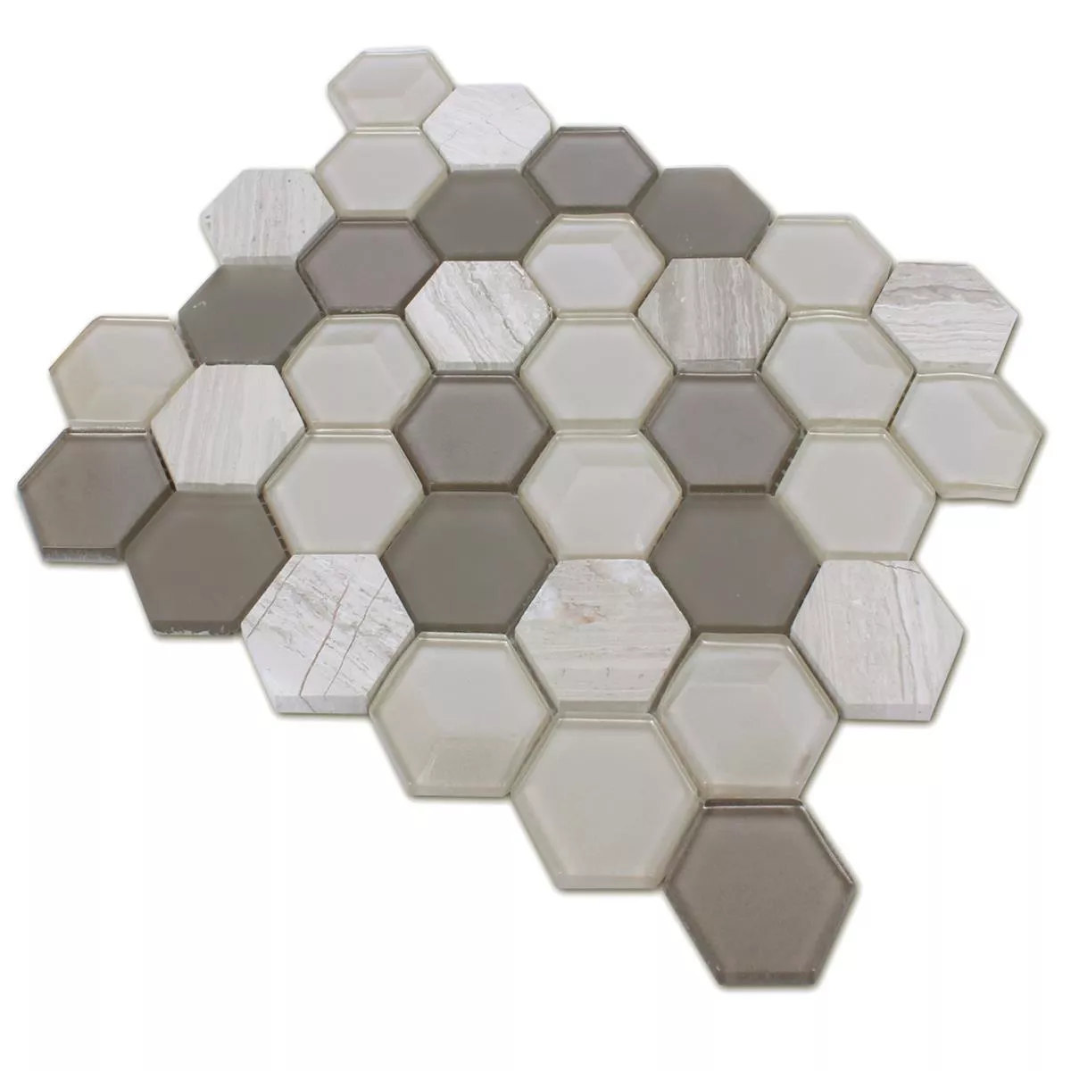 Mosaikfliesen Hexagon Glas Naturstein Iznik Hellgrau 3D