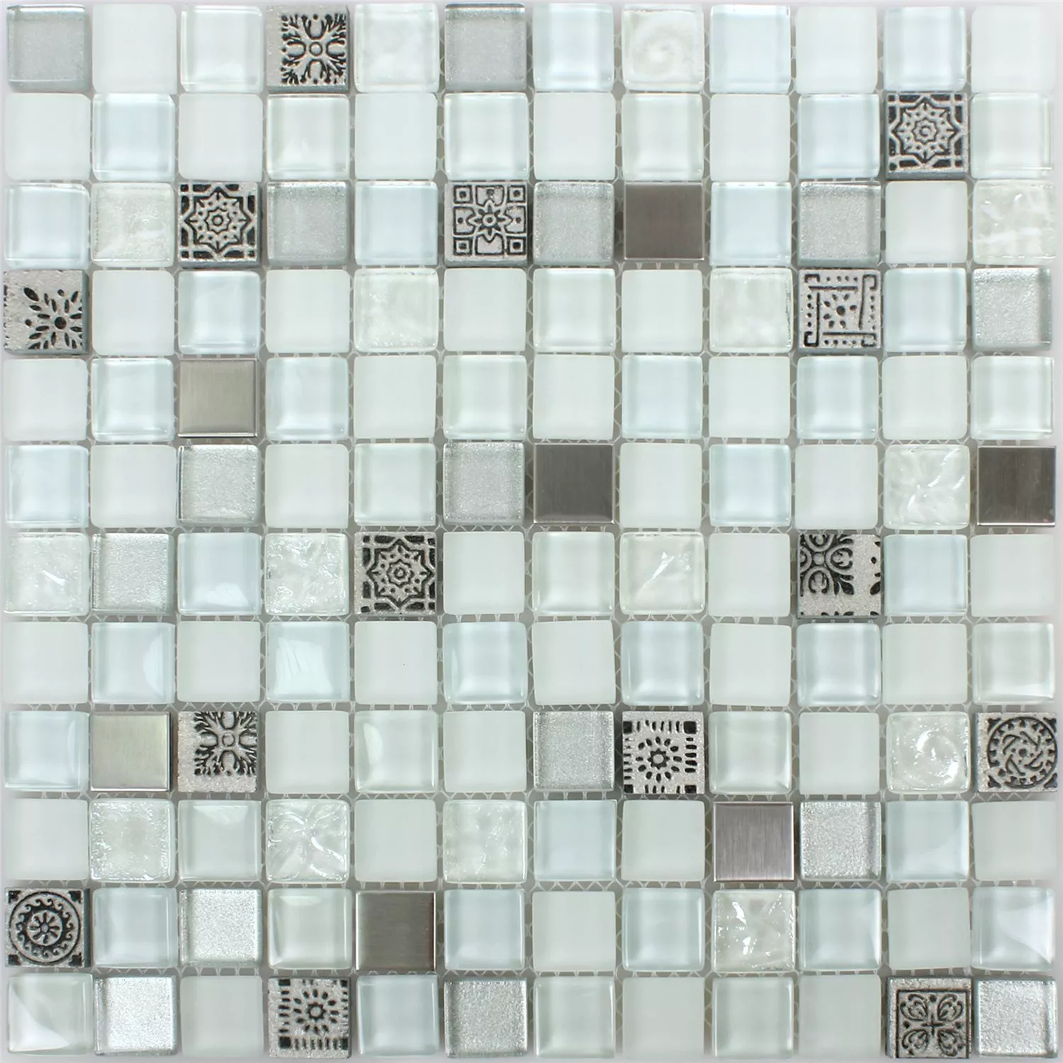 Muster von Mosaikfliesen Glas Resin Edelstahl Mix Gramos Weiss