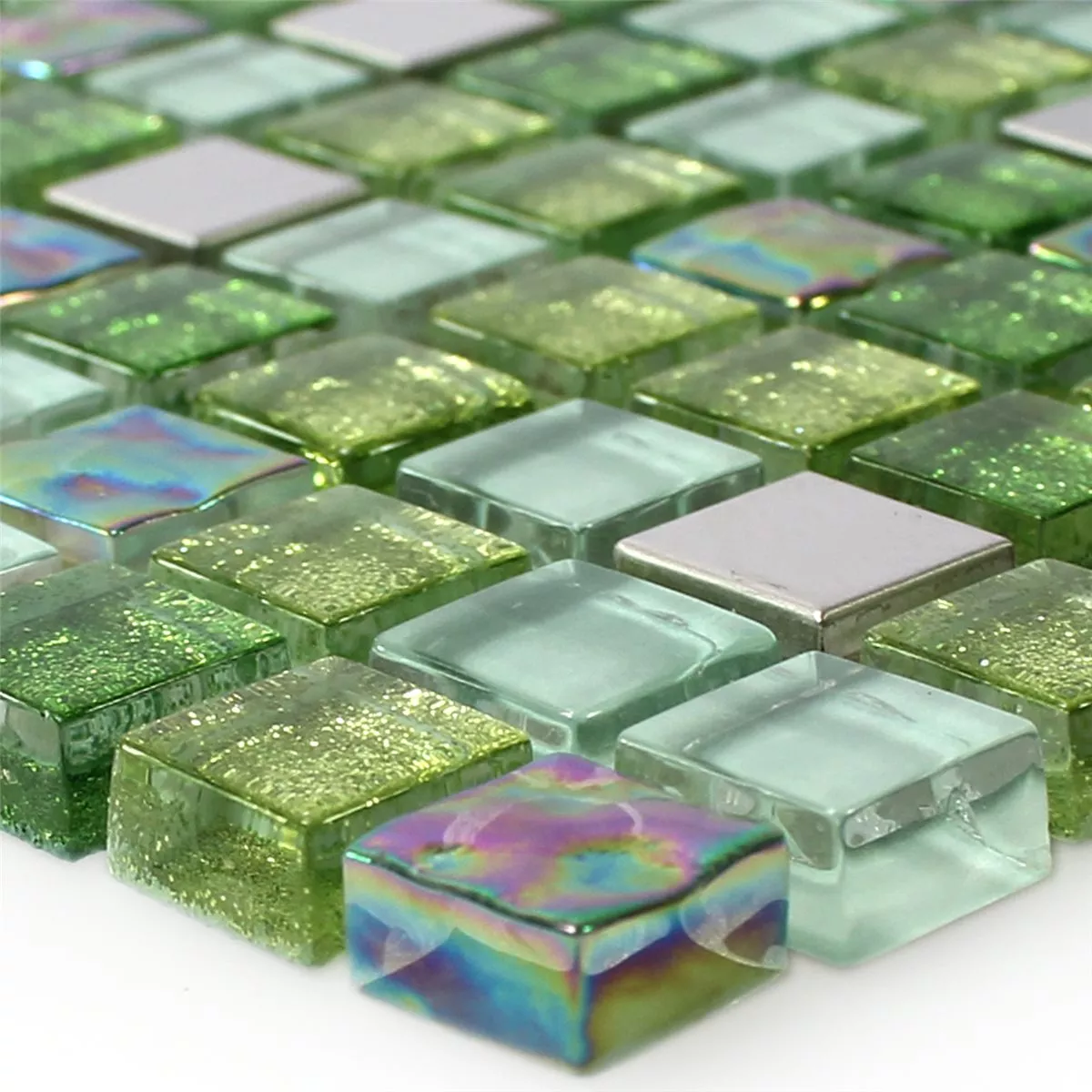 Mosaikfliesen Glas Edelstahl Grün Mix