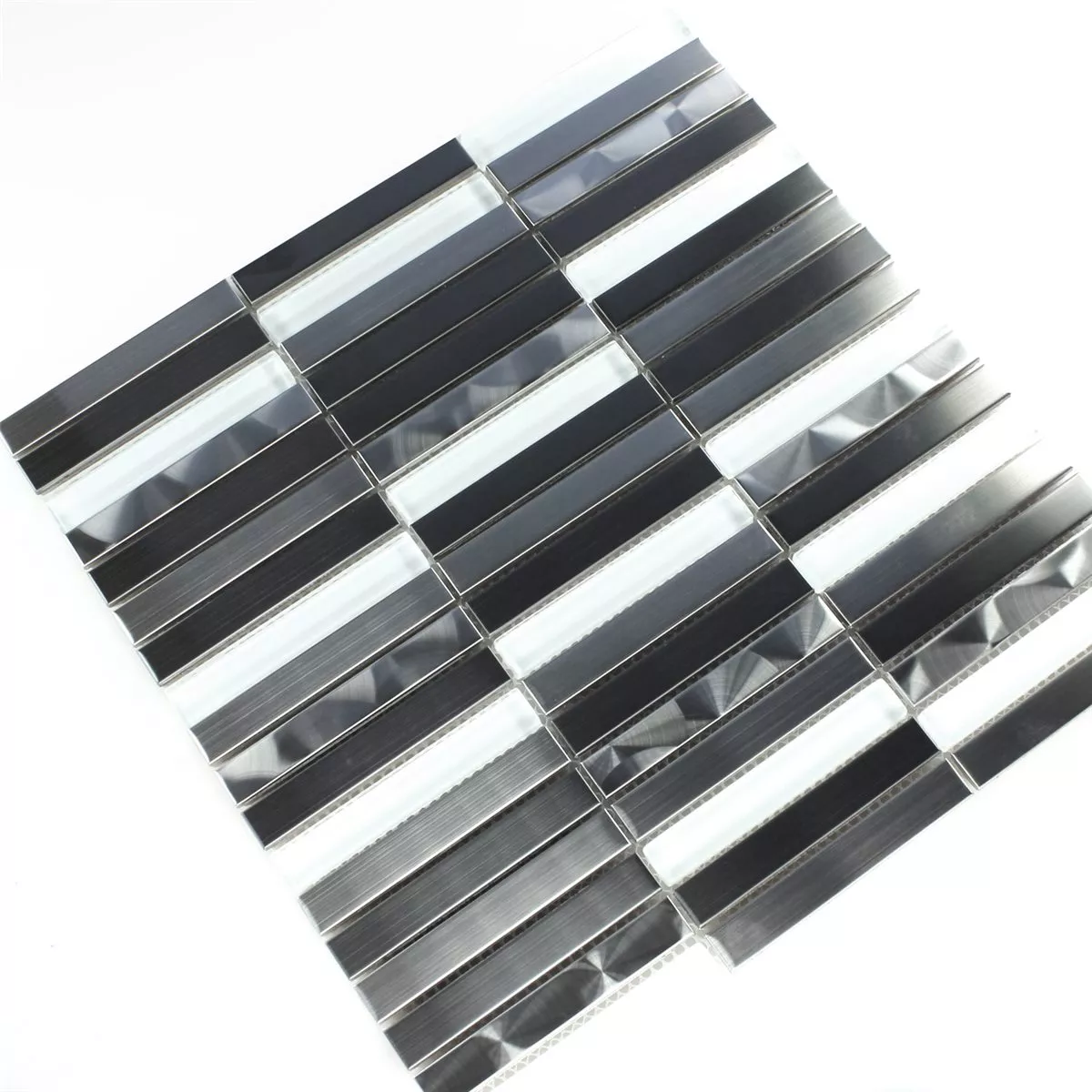 Mosaikfliesen Glas Edelstahl Weiss Silber Stäbchen