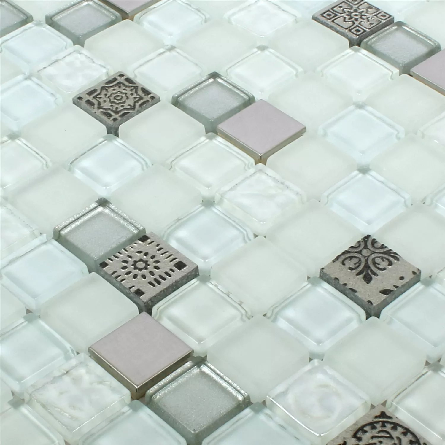 Campione Mosaico Vetro Resin Metallo Mix Gramos Bianco