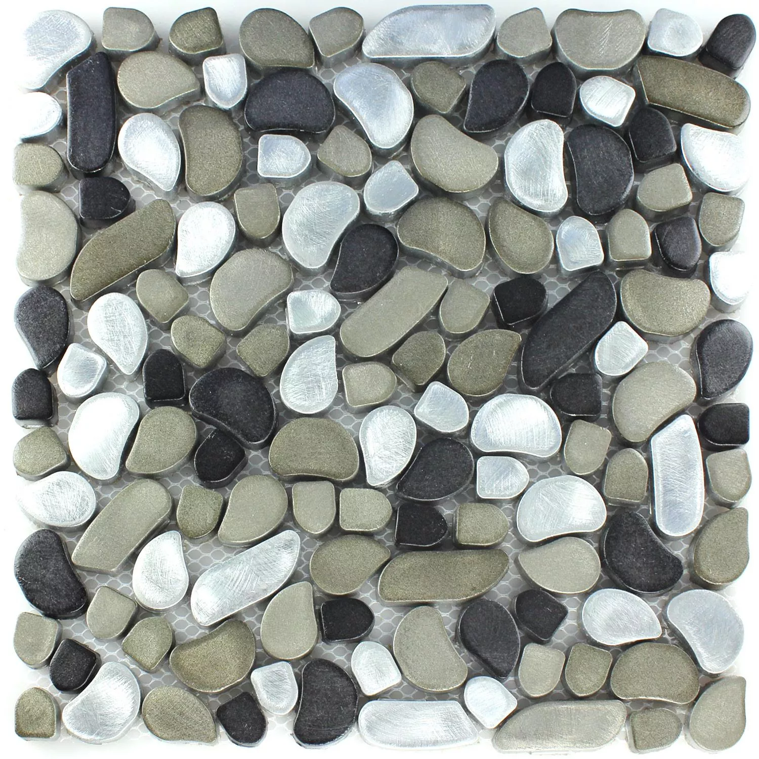 Muster von Mosaikfliesen Edelstahl Flusskiesel Design Black Silver