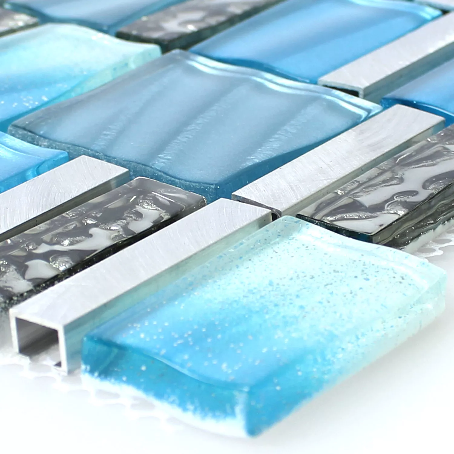 Mosaikfliesen Glas Aluminium Blau Silber Mix