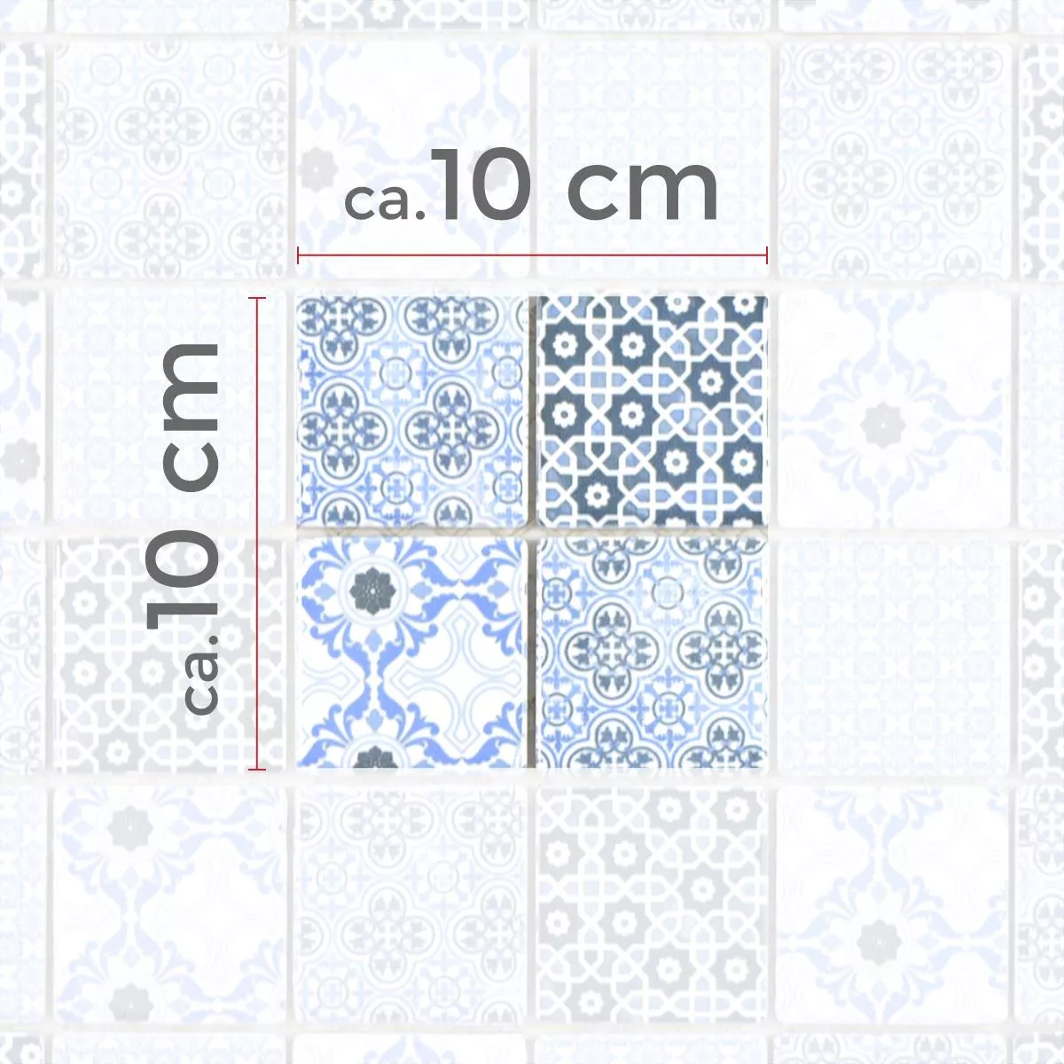 Muster von Keramik Mosaikfliesen Daymion Retrooptik Quadrat Blau