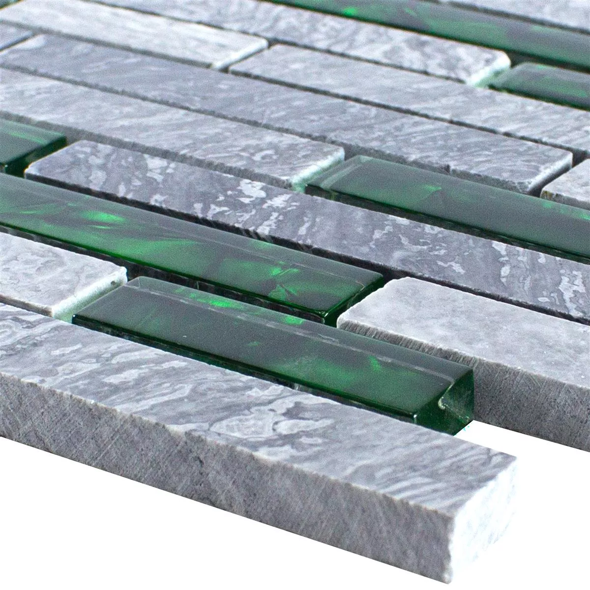 Glas Naturstein Mosaik Fliesen Sinop Grau Grün Brick